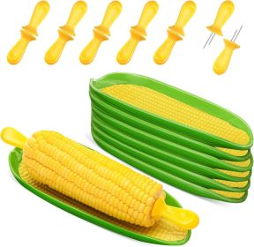 9 Pcs Corn Cob Holders and Dishes Set Include 6 Stainless Steel Corn on The Cob Holders and 3 Melamine Service Tray Skewers Butter Spreader for H