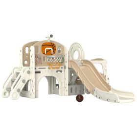 9 In 1 Toddler Slide For Kids Ages 1-6 With Bus Front, Basketball Hoop, Climber, Storage Space, Ring Toss, Cream White (Option: White)