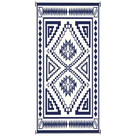 Reversible Outdoor Rug, Waterproof Plastic Straw With Carry Bag, 9 X 18, Blue & White Square Patchwork (Option: Blue)
