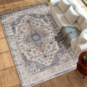 8x10 Area Rug, Vintage Machine Washable Rug, Non-Slip Carpet For Living Room, Bedroom, Dining Room, Brown & Light Blue (Option: Blue)