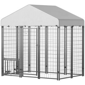 5.9 X 4 X 6 Outdoor Dog Kennel With Roof, Rotating & 4-Level Adjustable Bowls (Option: Grey)