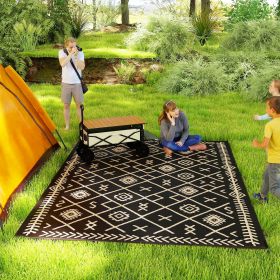 Reversible Outdoor Rug, Waterproof Plastic Straw With Carry Bag, 9 X 12, Black & Beige Rhombus (Option: Black)
