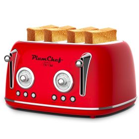 4 Slice Retro Toaster, Dual Control Toaster, 6 Settings, Bagel, Defrost, Removable Crumb Tray, Stainless Steel Housing, 1650W, Red (Option: WT3450D)